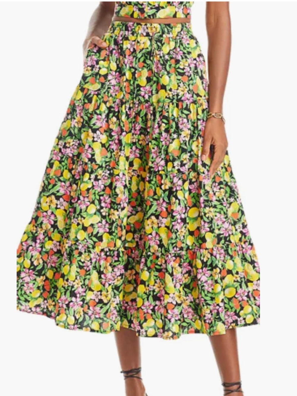 Aqua Fruit Print Midi Skirt. Size Small.